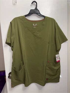 Smitten Olive Green Short-Sleeve Scrub Top with Pink Trim